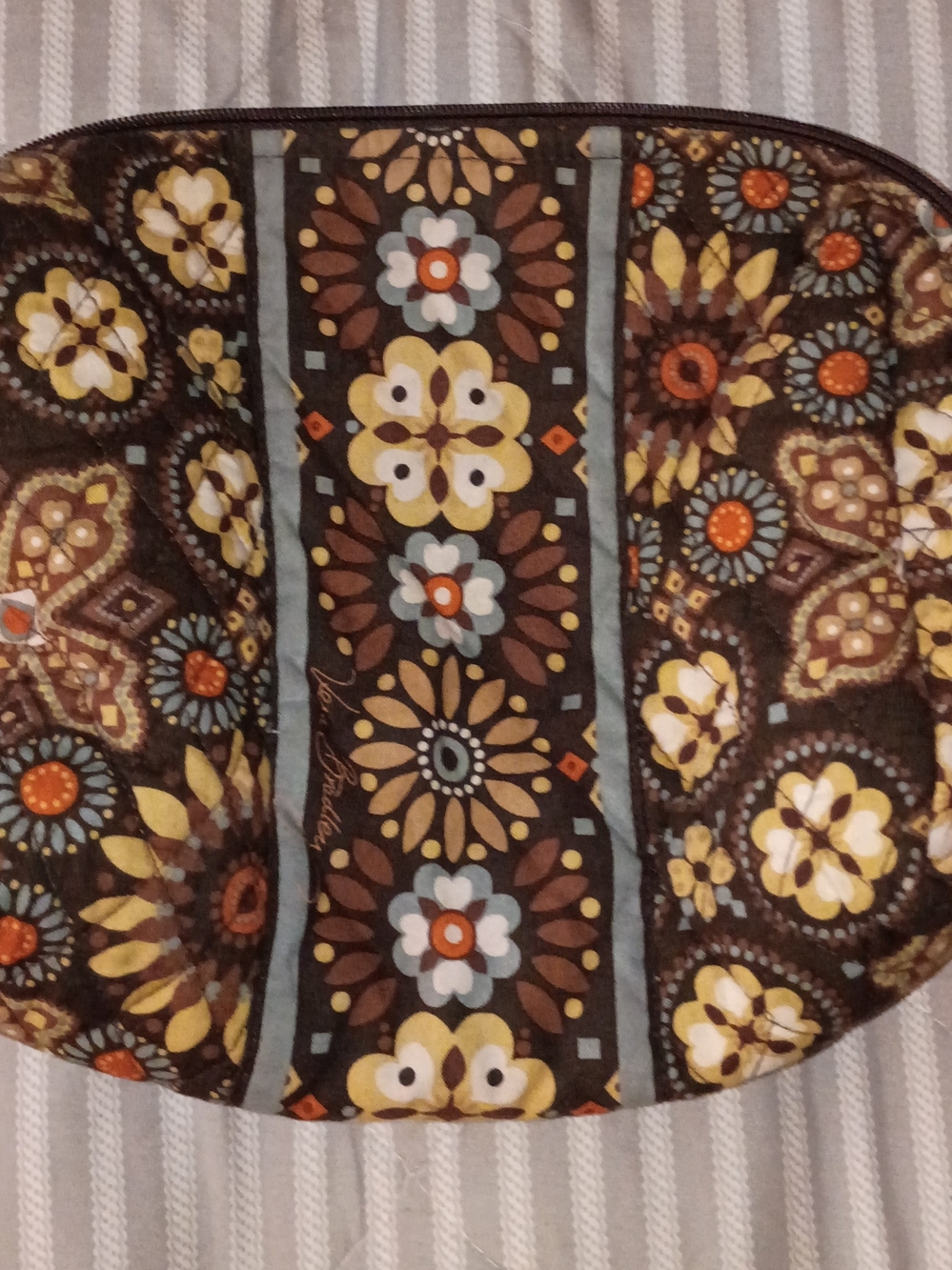 Vera Bradley Brown Floral Zip Cosmetic Pouch with Yellow, Blue & Orange Accents
